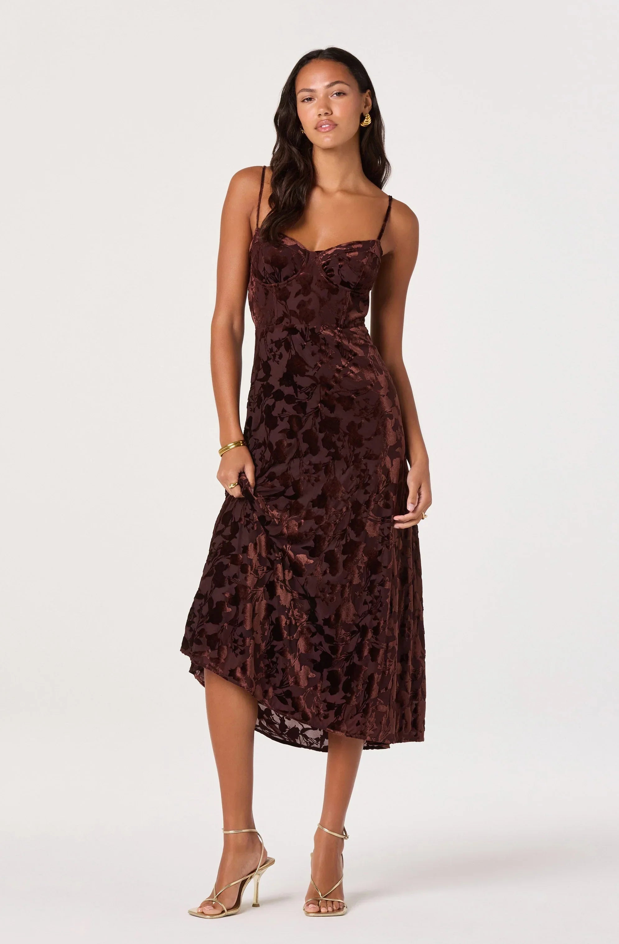Velvet Floral Burnout Bustier Midi Dress
