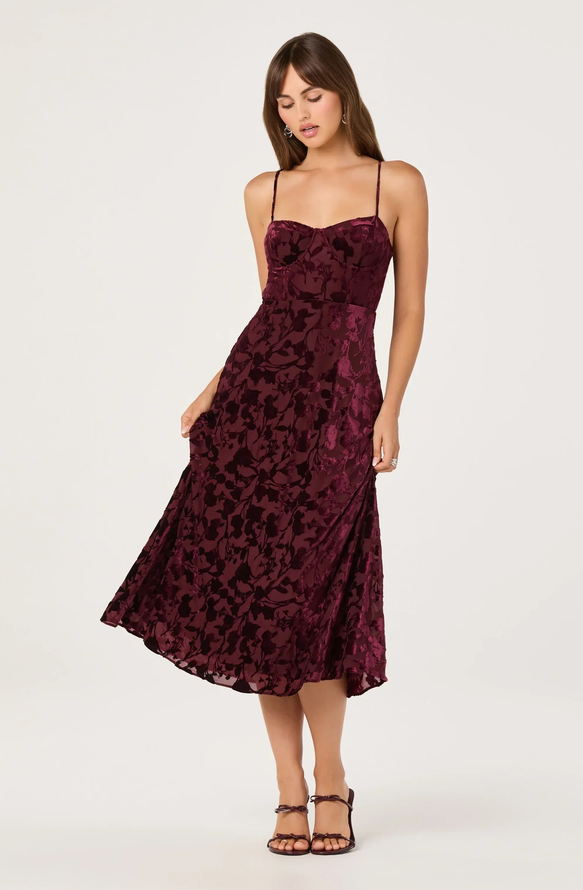 Velvet Floral Burnout Bustier Midi Dress