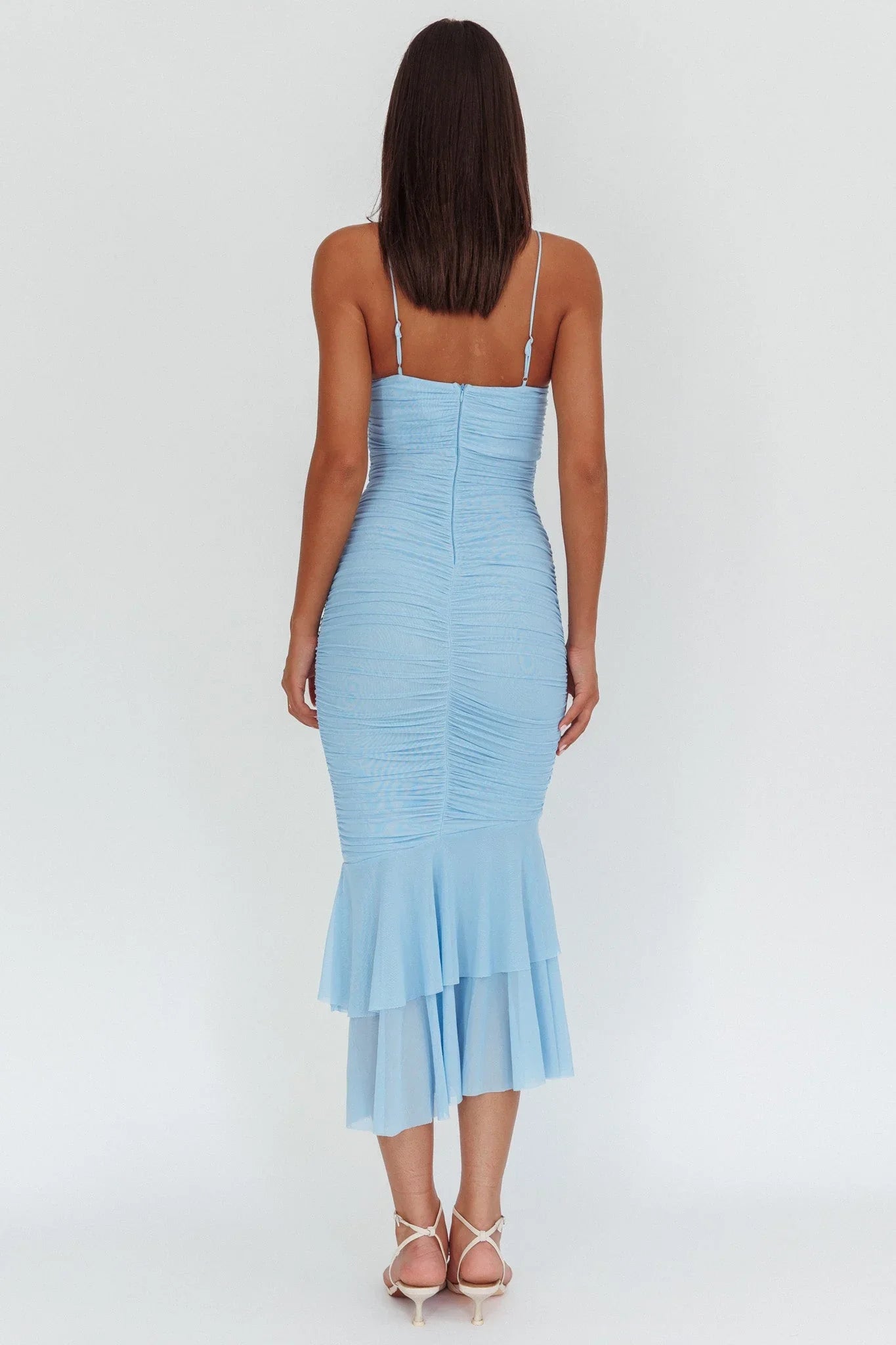 Nadia Ruffle Neckline Ruched Midi Dress Blue