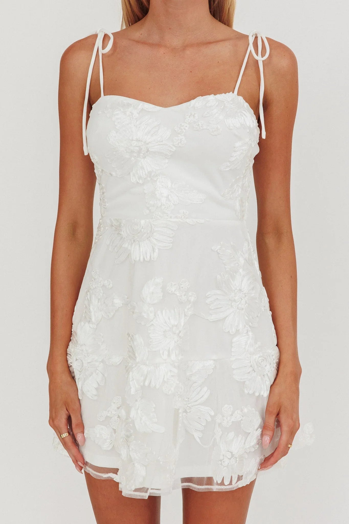 Arc Tied Straps Floral Mini Dress White