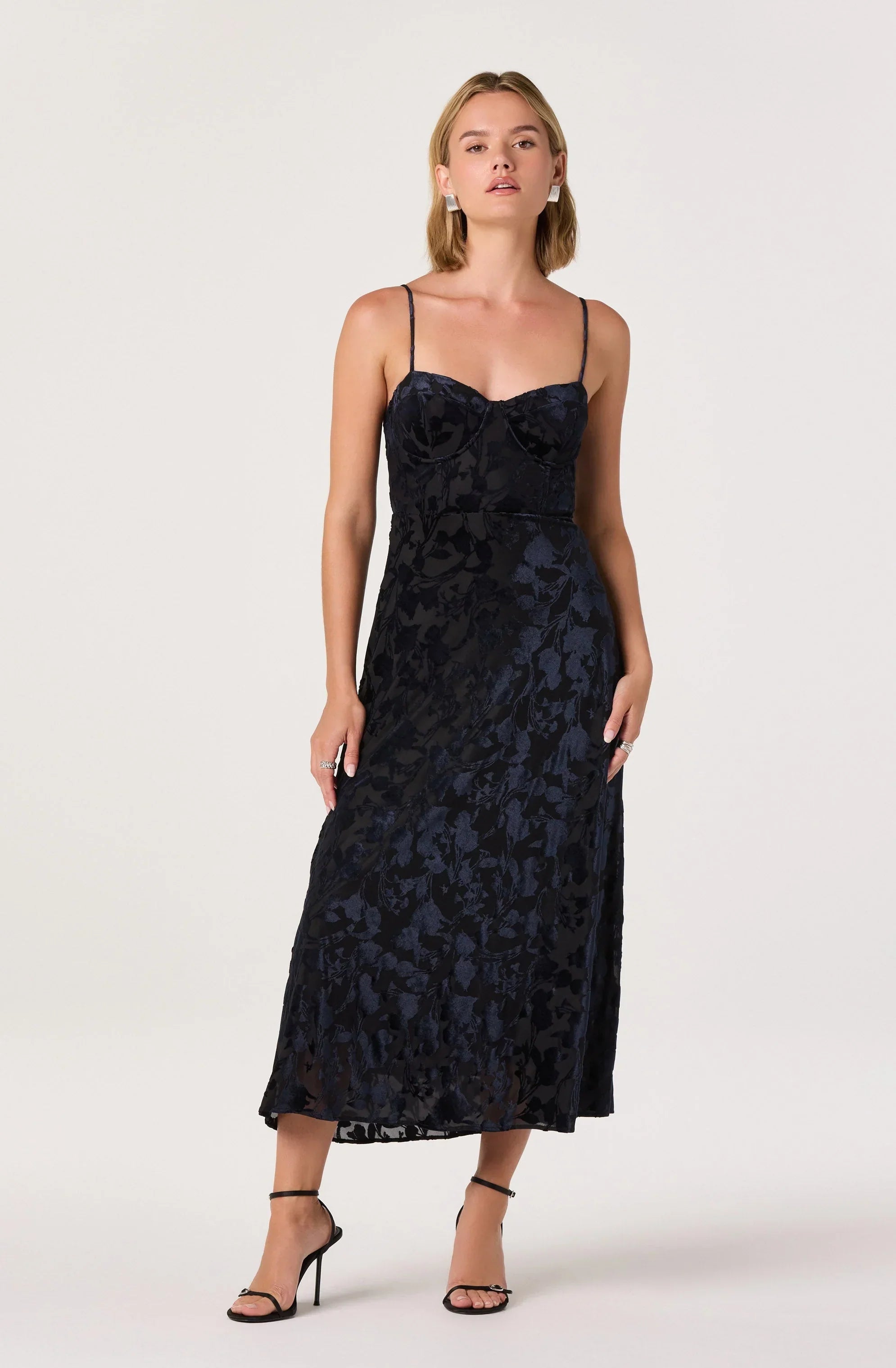 Velvet Floral Burnout Bustier Midi Dress