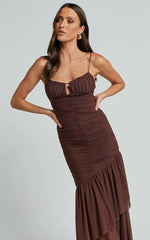 Harlene Maxi Dress- Ruched Mesh Frill Hem Dress in Chocolate