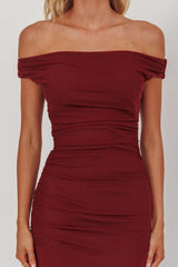 In Blooms Off Shoulder Mesh Midi Dress Wine