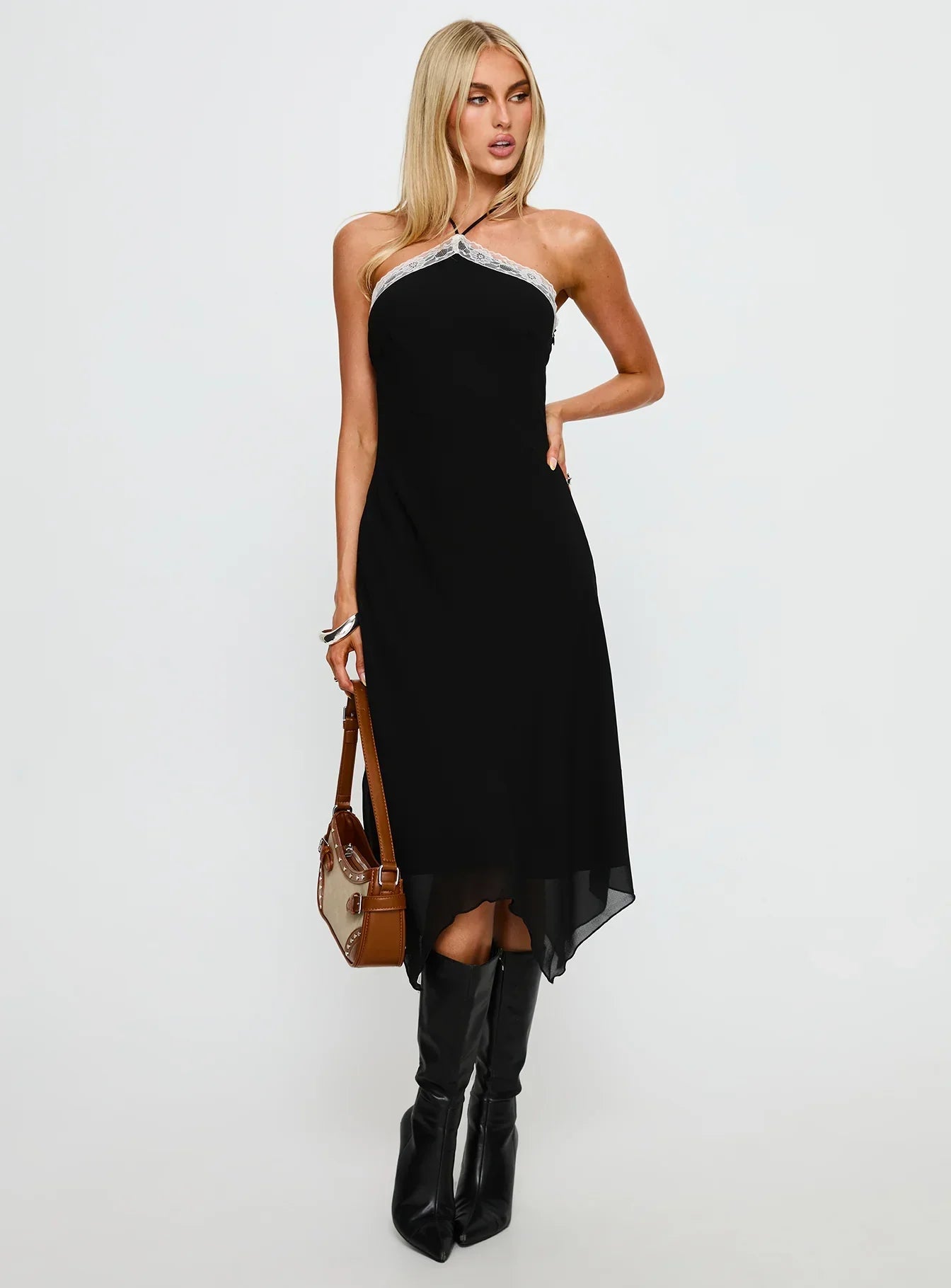 Naila Halter Lace Trim Midi Dress Black