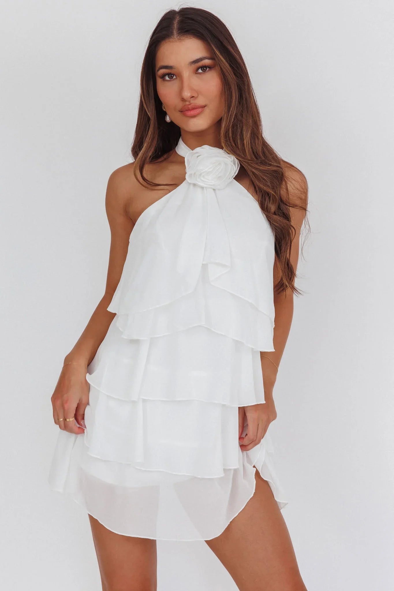 Southern Belles Halterneck Ruffle Mini Dress White