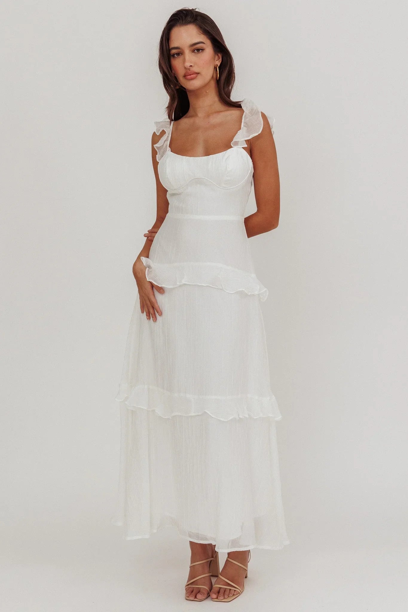 Moonlit Moment Ruffle Trim Lace-Up Back Maxi Dress White