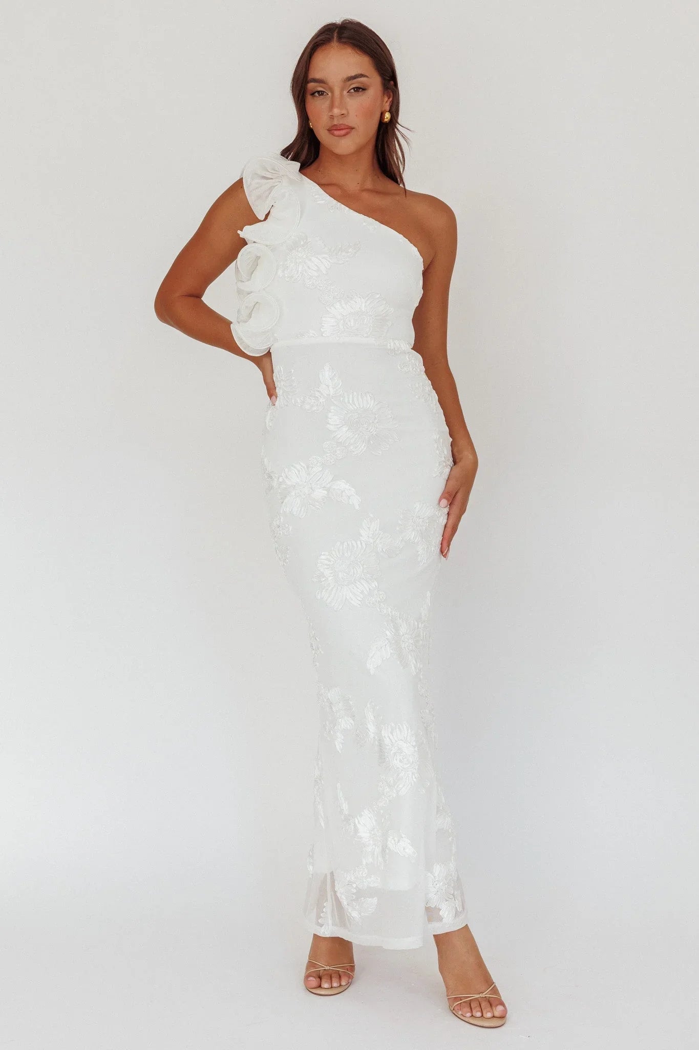 Deanna One-Shoulder Ruffle Maxi Dress Floral Texture White