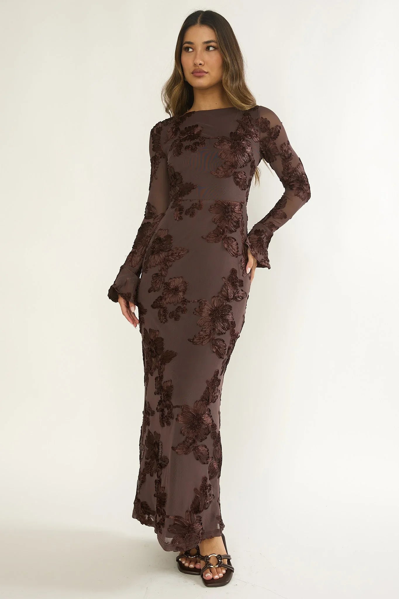 Helsi Long Sleeve Embellished Maxi Dress Brown