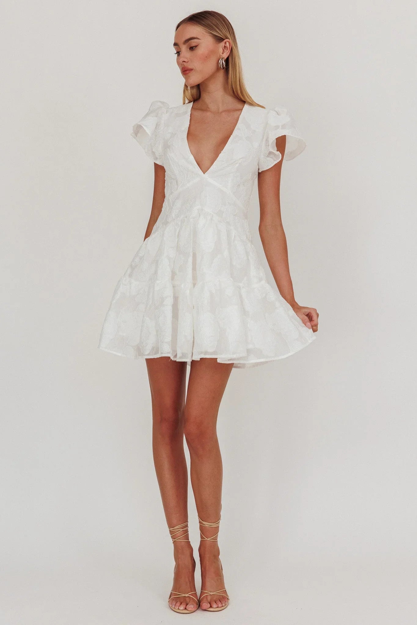 Irenna Ruffle Sleeve V-Neck Mini Dress Textured White