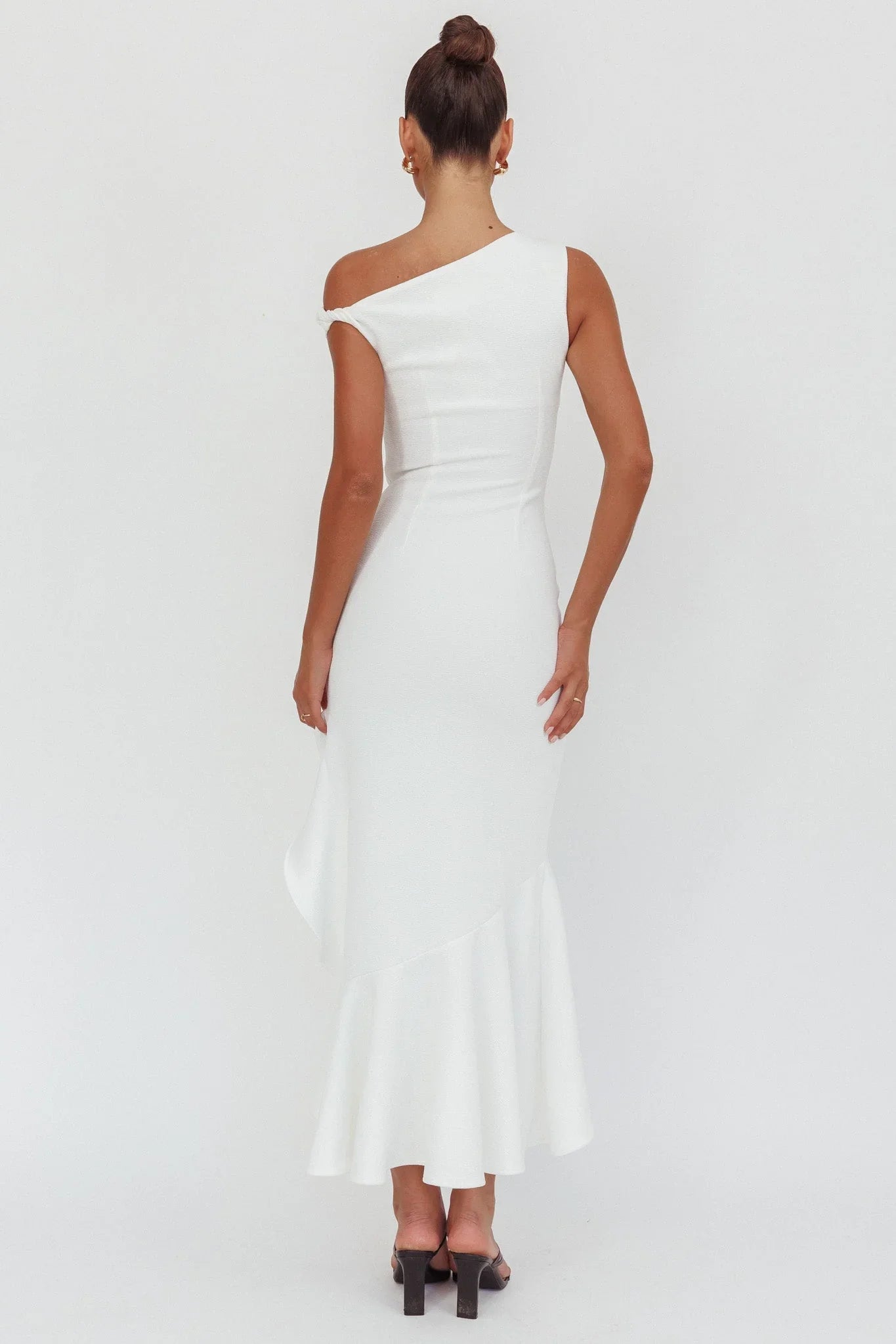 Lights On One-Shoulder Ruffle Hem Maxi Dress White
