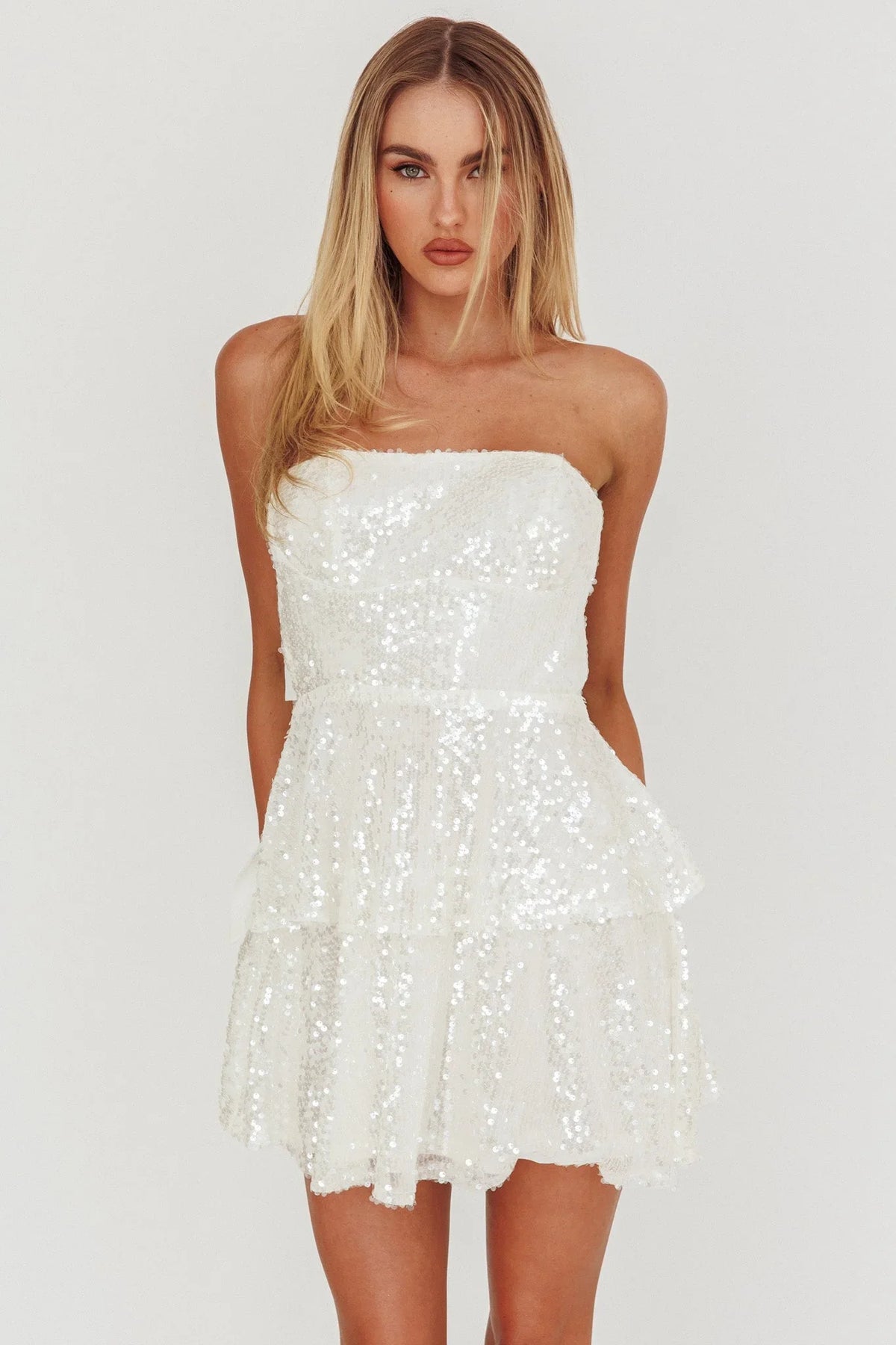 Provence Bloom Tiered Sequin Mini Dress White