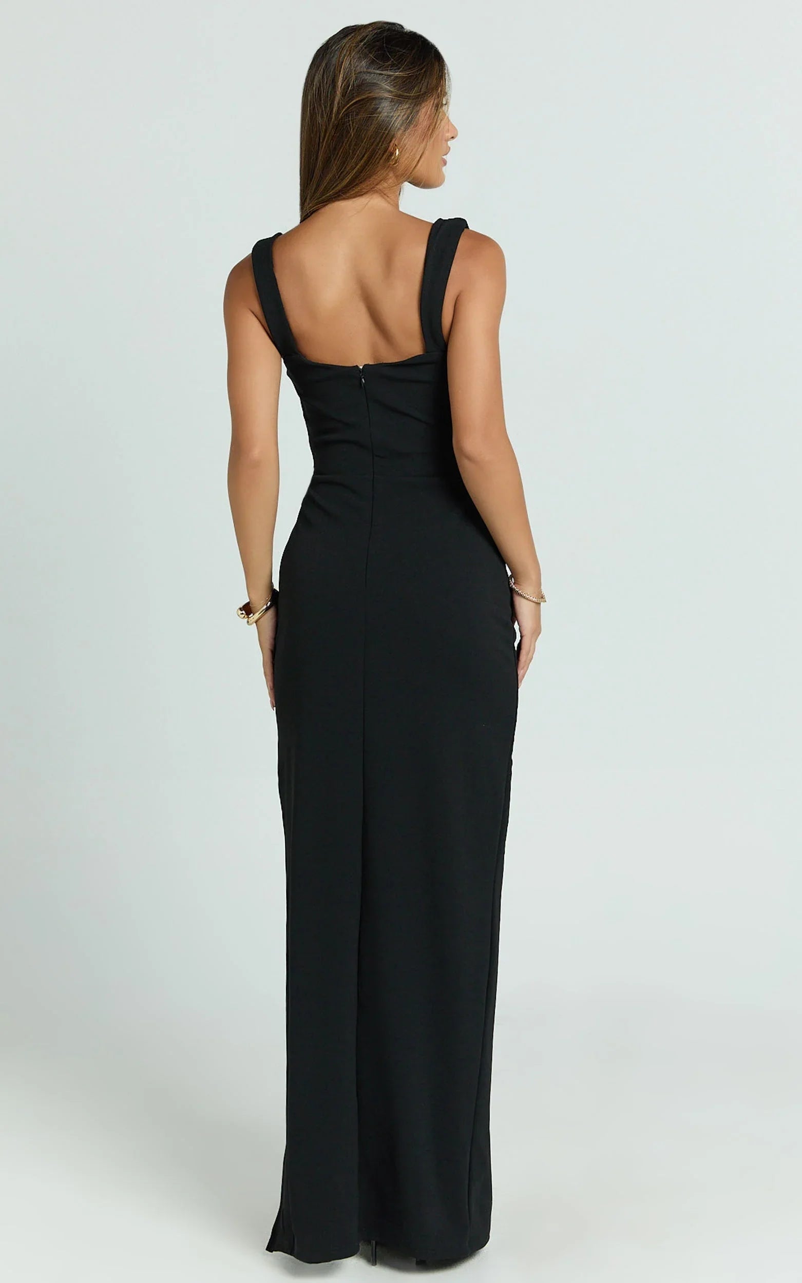 Donna Maxi Dress - Cowl Neck Column High Split Dress in Black