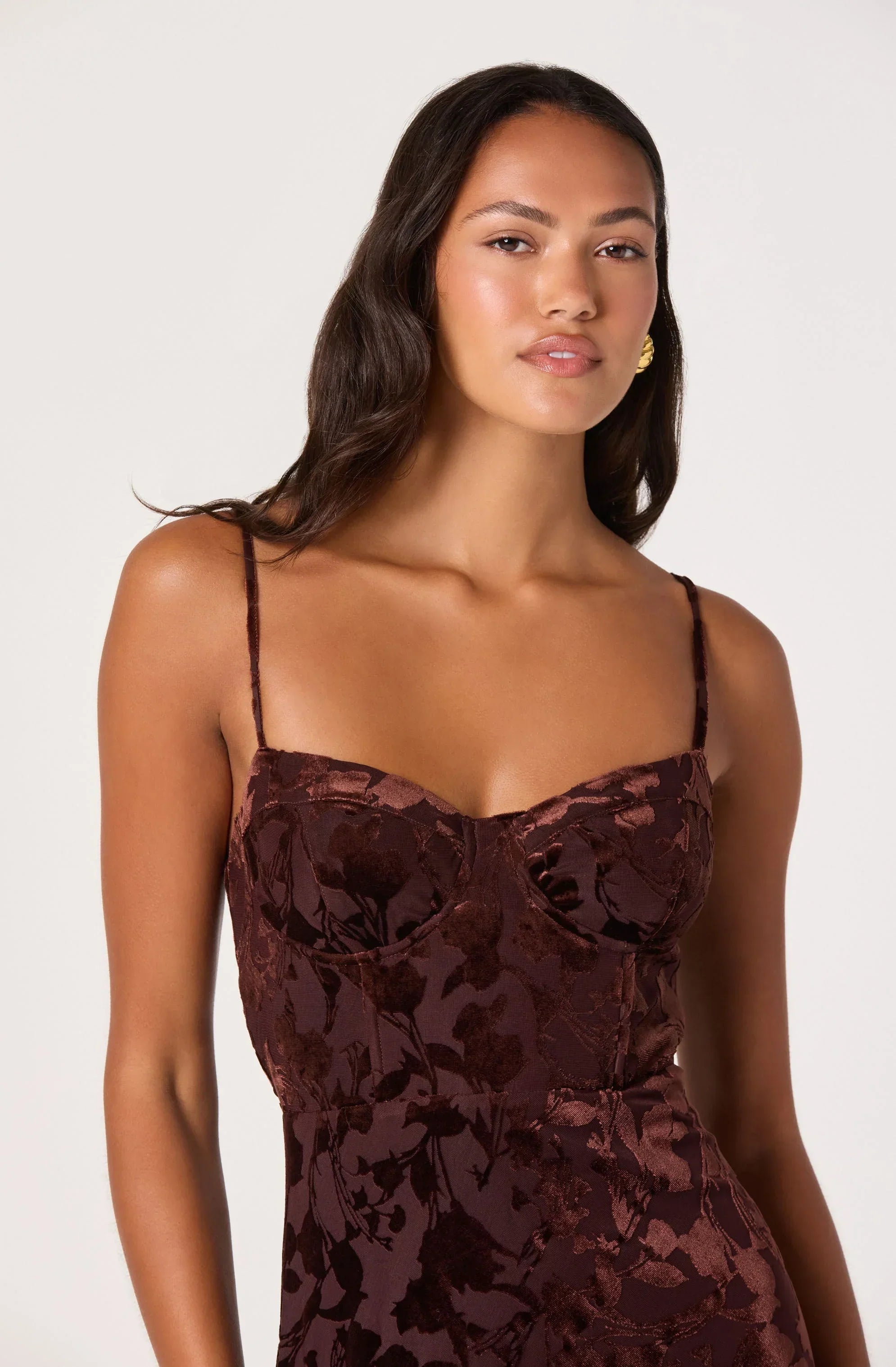 Velvet Floral Burnout Bustier Midi Dress