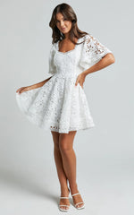 Marisole Mini Dress - A Line Flutter Sleeve Lace Dress in White