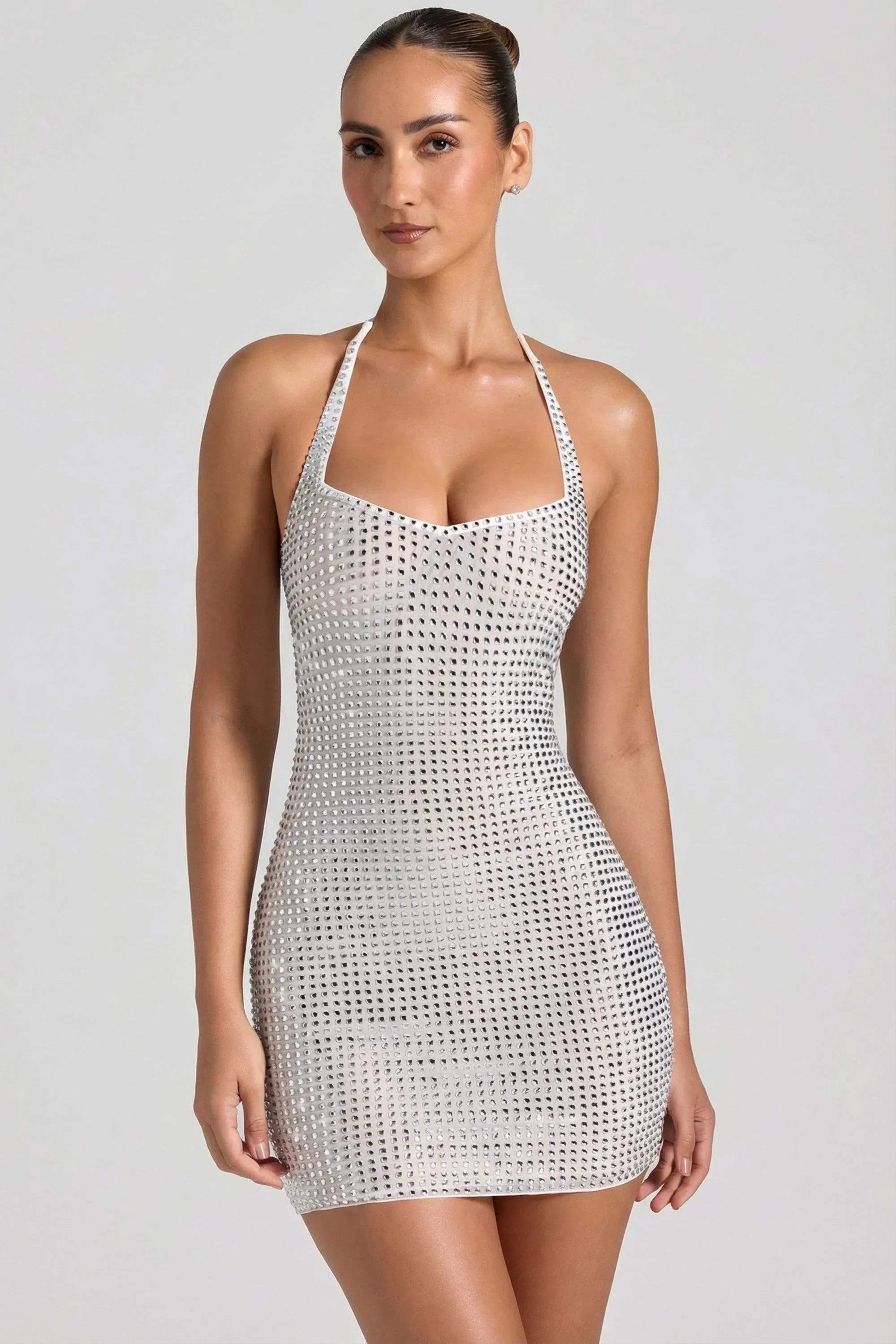 Embellished Halterneck Mini Dress in White