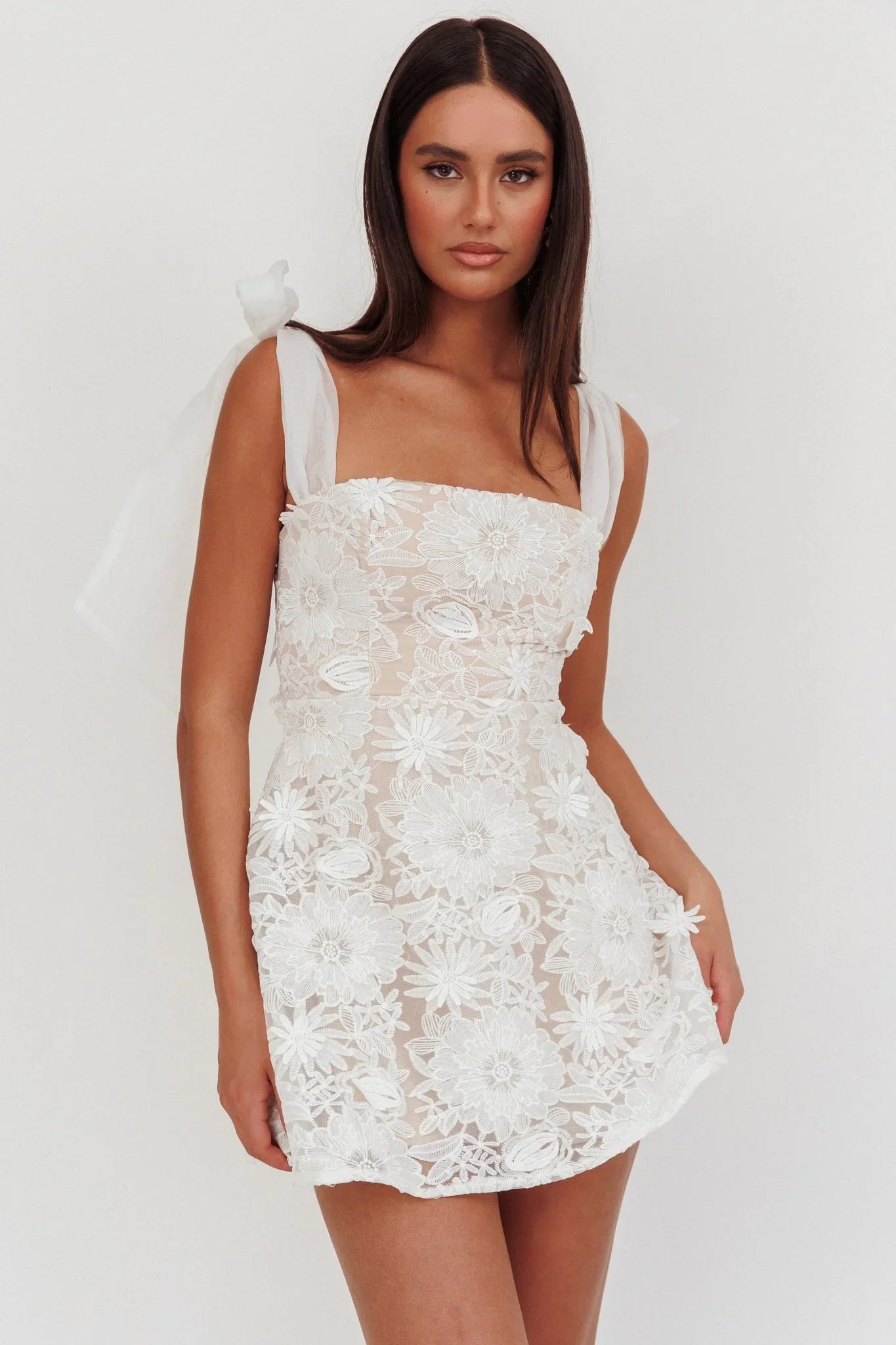 Suns Out Tied Shoulder Embellished Mini Dress White