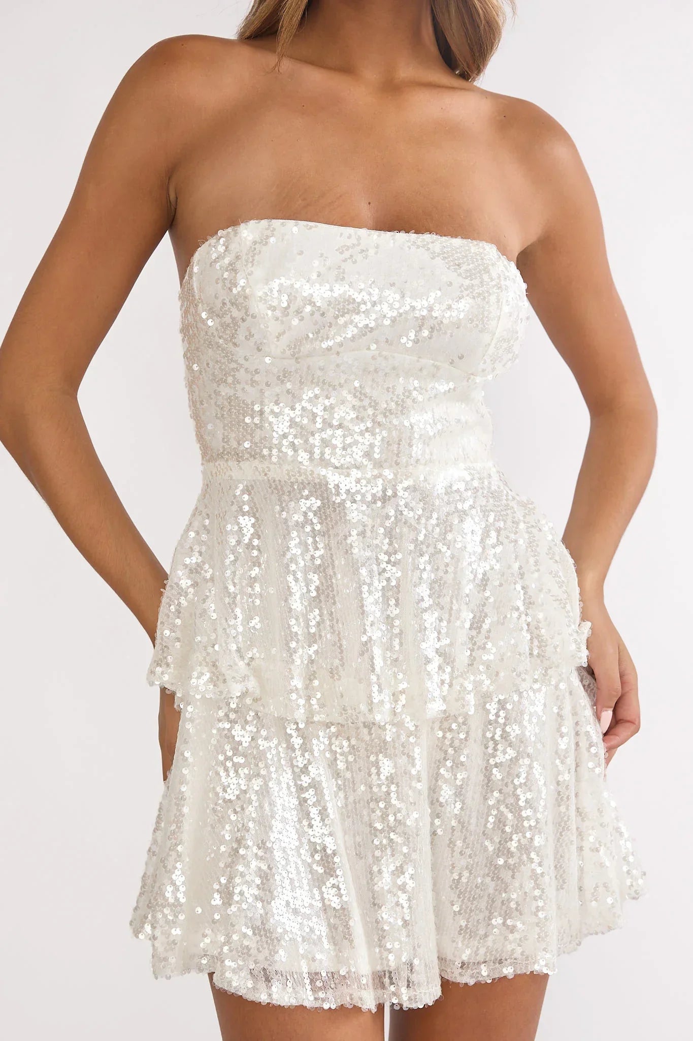 Provence Bloom Tiered Sequin Mini Dress White