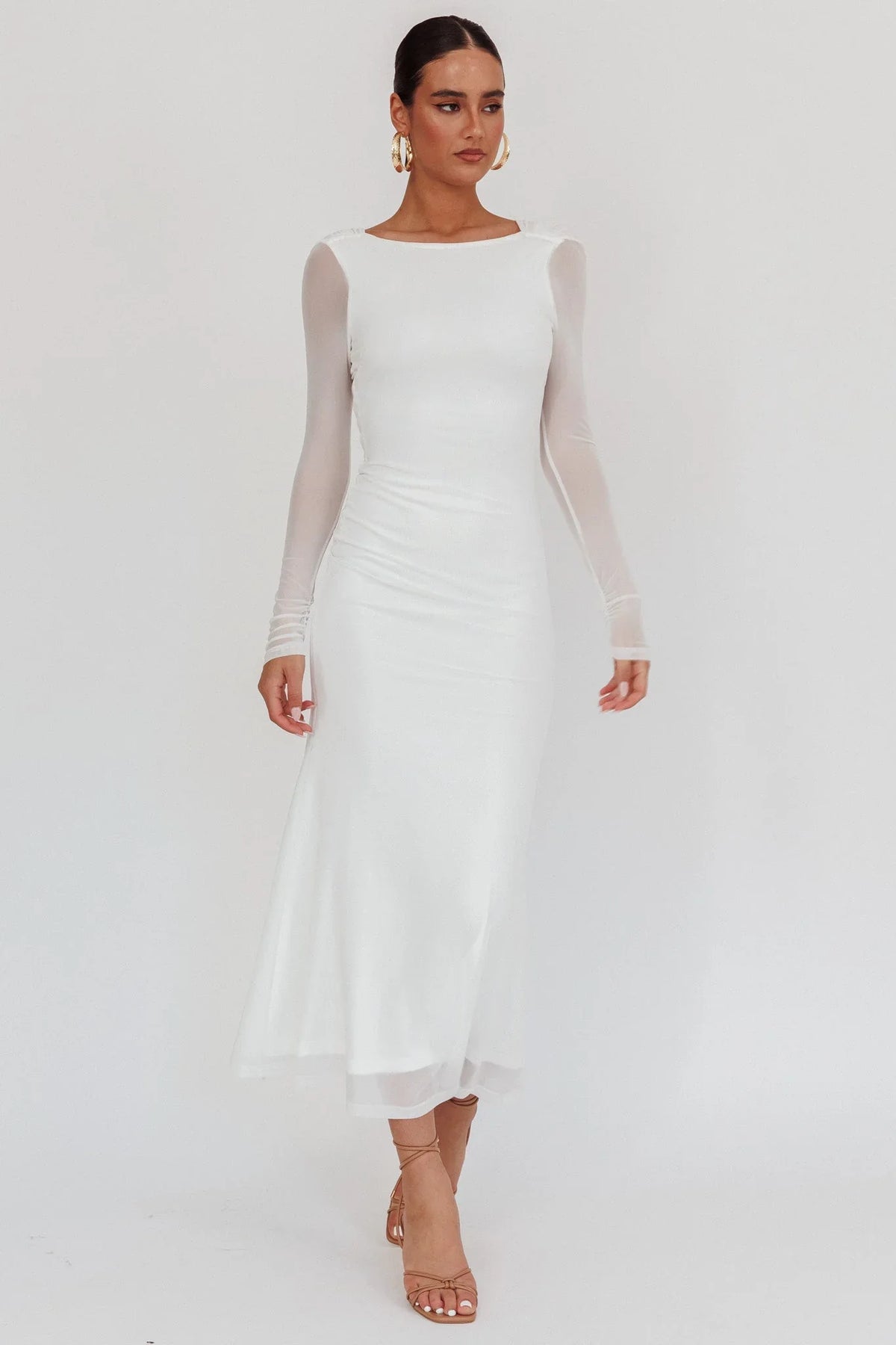 Lustre Open Back Mesh Maxi Dress White