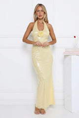 Shimmering Secrets Sequin Halter Maxi Dress Yellow