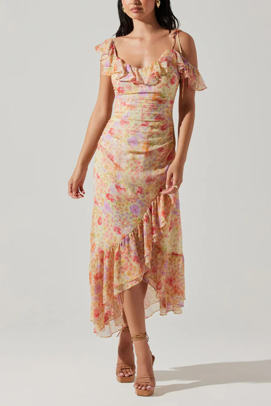 ASTR Luvita Floral Ruffle Chiffon Midi Dress